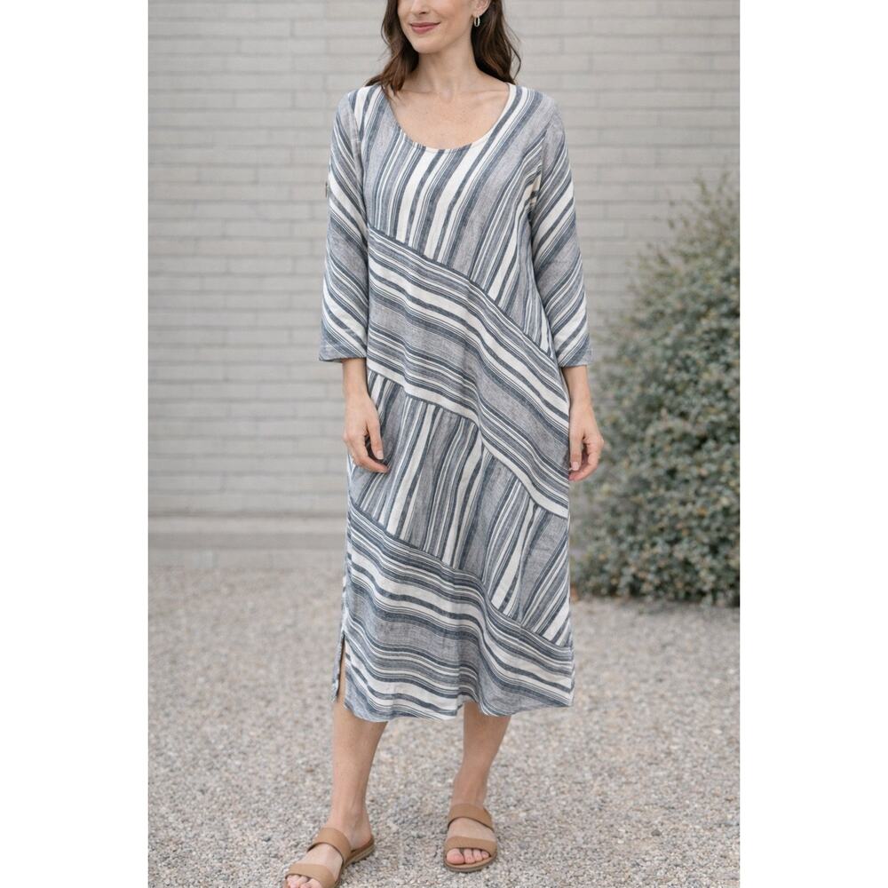 SOFT SURROUNDINGS | Linen Blend Striped Blue White Scoop Neck Dress | Large